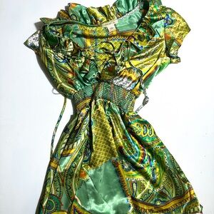 Y2K waterfall top Vibrant Green Paisley Dress with Ruffles lace up